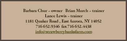  Barbara Chur ~ owner Brian Murch ~ trainer Lance Lewis ~ trainer 1181 Quaker Road , East Aurora, NY 14052 716 652.9346 fax 716 652.4438 info@strawberrybanksfarm.com 